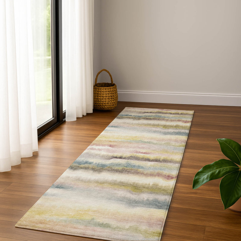 Premium Machine Washable Mayfield AMF2098 Striped Rug, Gold, 2'3" x 7'6" Runner