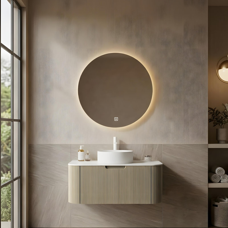 Armoire de salle de bain rayée avec lavabo rond en céramique blanche, 36"