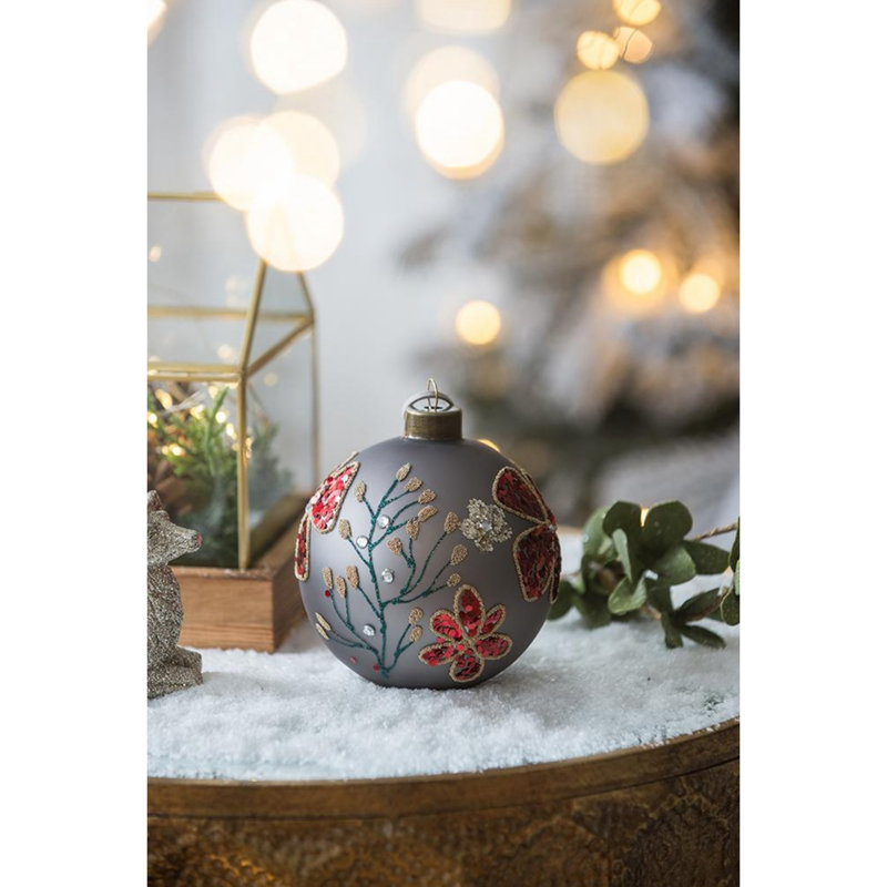 Elegant Gray and Red Glass Christmas Ball Ornaments, Set of 6