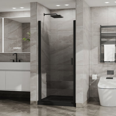 Goodyo 34"X72" Pivot Shower Door, 1/4 Inch Thick Tempered Glass Swing Shower Door In Black Finish, Semi-Frameless Design