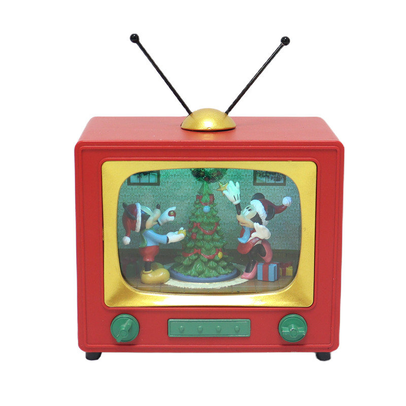 Décoration pour sapin avec téléviseur rétro Disney de 15 cm de haut (Mickey et Minnie animés) - Lumières DEL, musique, animation, piles