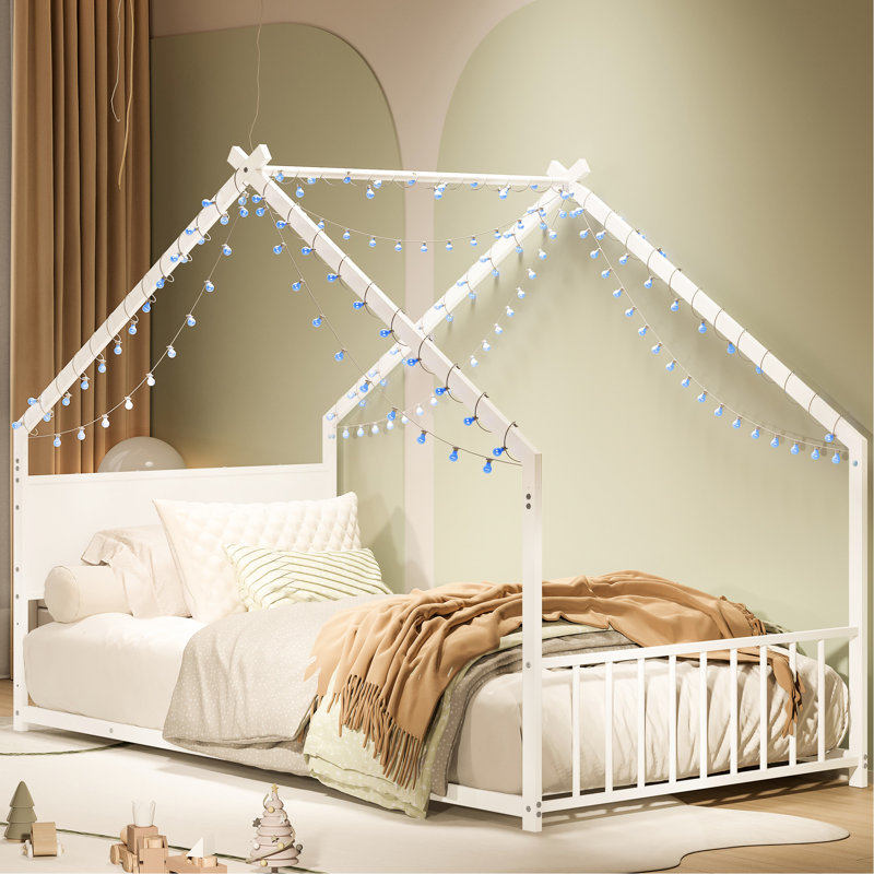 Lit simple en blanc, structure en métal avec 13 lattes et lumières à DEL colorées, convient aux adolescents, aucun sommier nécessaire, stable en fer, jeune