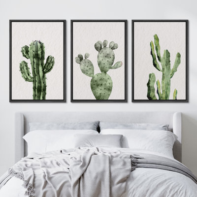 Minimal Botanical Green Southwestern Cactus Deser Western Botanical Framed Canvas 3 Pieces Painting Print Wall Art