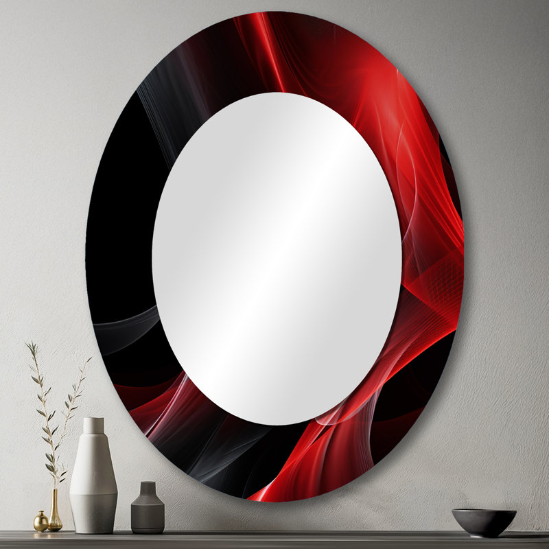 Patrisa rouge noir abstrait contemplatif V - miroir mural décoratif vagues, miroir moderne, impression d'art en métal, Ovale