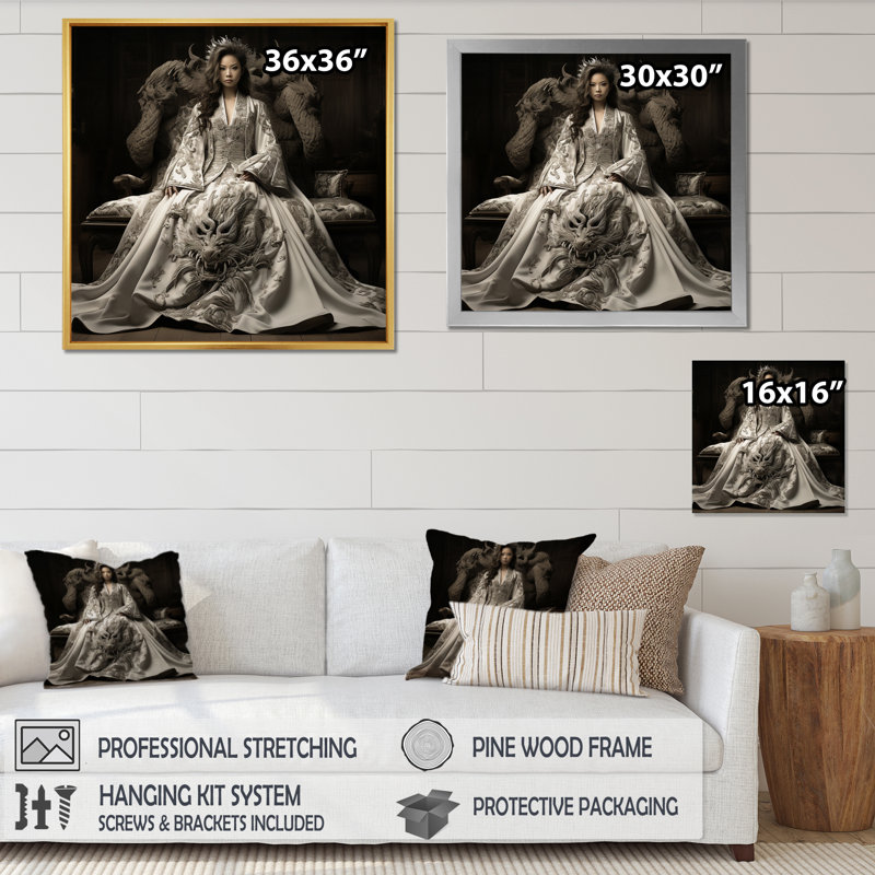 " China Emperors Dragon Woman ", 36" H x 36" W x 1.5" D, Black Picture Framed