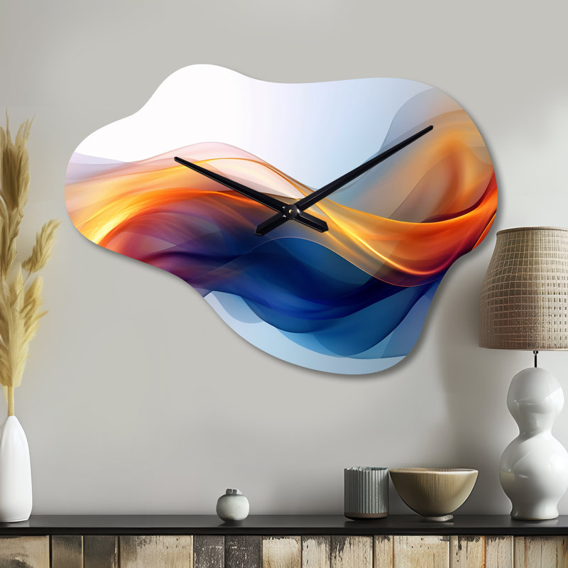 Orange Blue Fractal Fluidity I - Fractals Asymmetrical Metal Wall Clock, Orange Unique Shape Wall Clock Print, Small