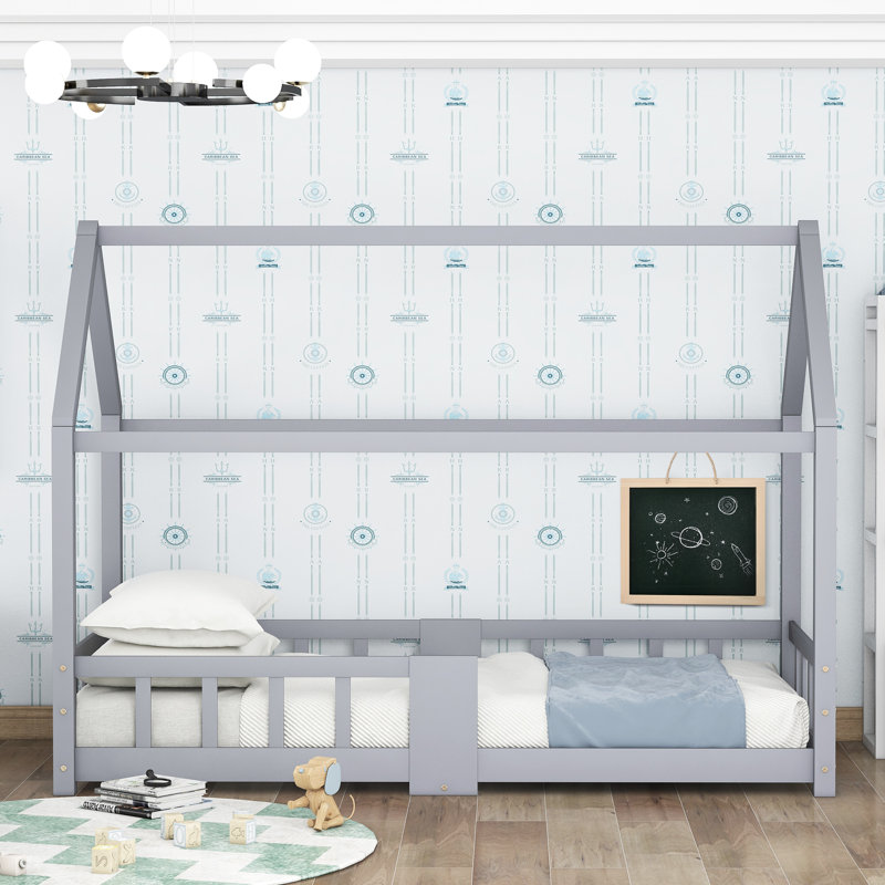 Gilbertown Children's Wooden House Bed 90 x 200 cm, incl. Blackboard, Slatted Frame, Fall-Out Protection (without mattress)