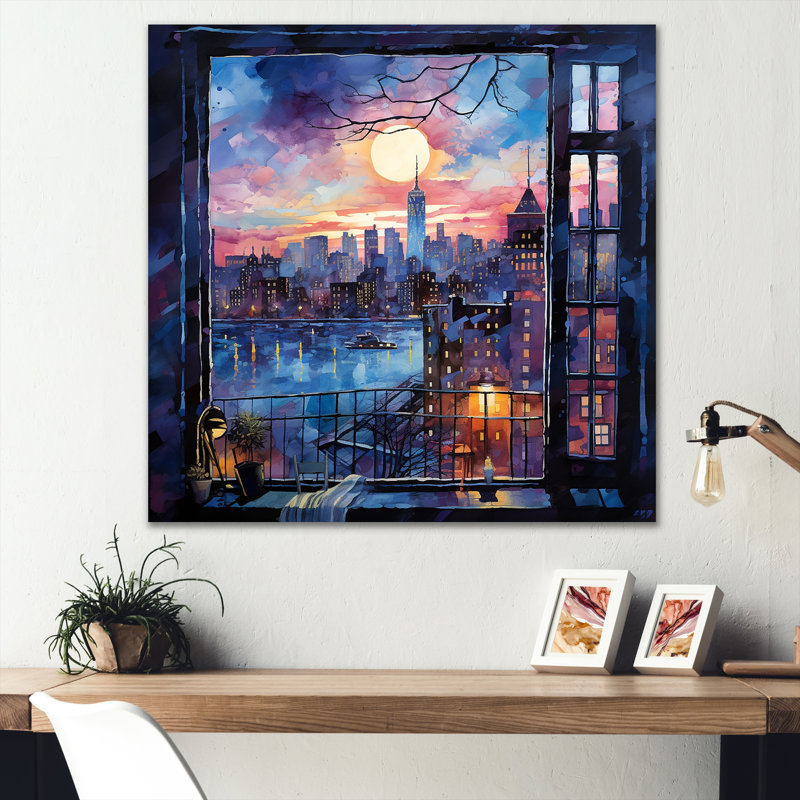 «Blue NYC At Night Window View II - New York City», art mural en métal, H 16 po x l 16 po