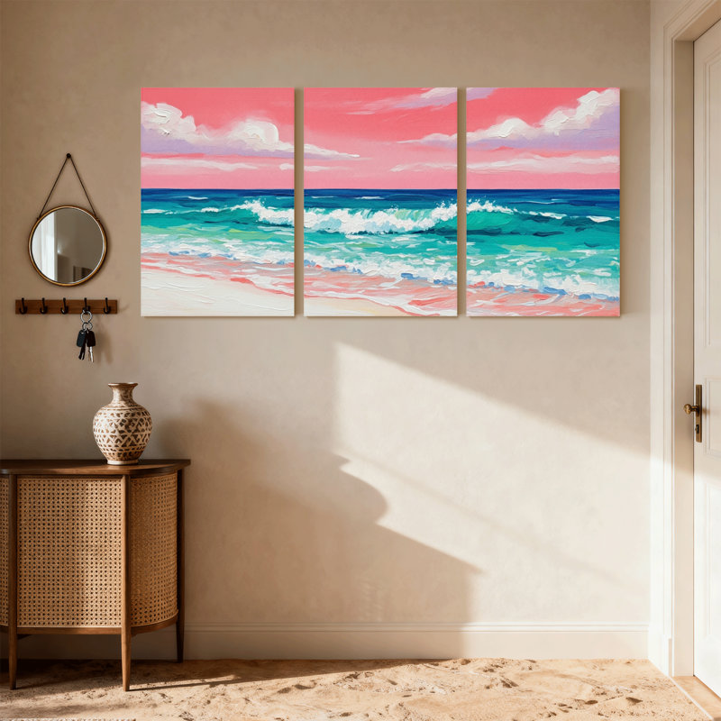 Nautique et plage, ciel bleu, vagues océaniques, plage de sable, ensemble de 3 impressions sur toile, H 18 po x l 36 po