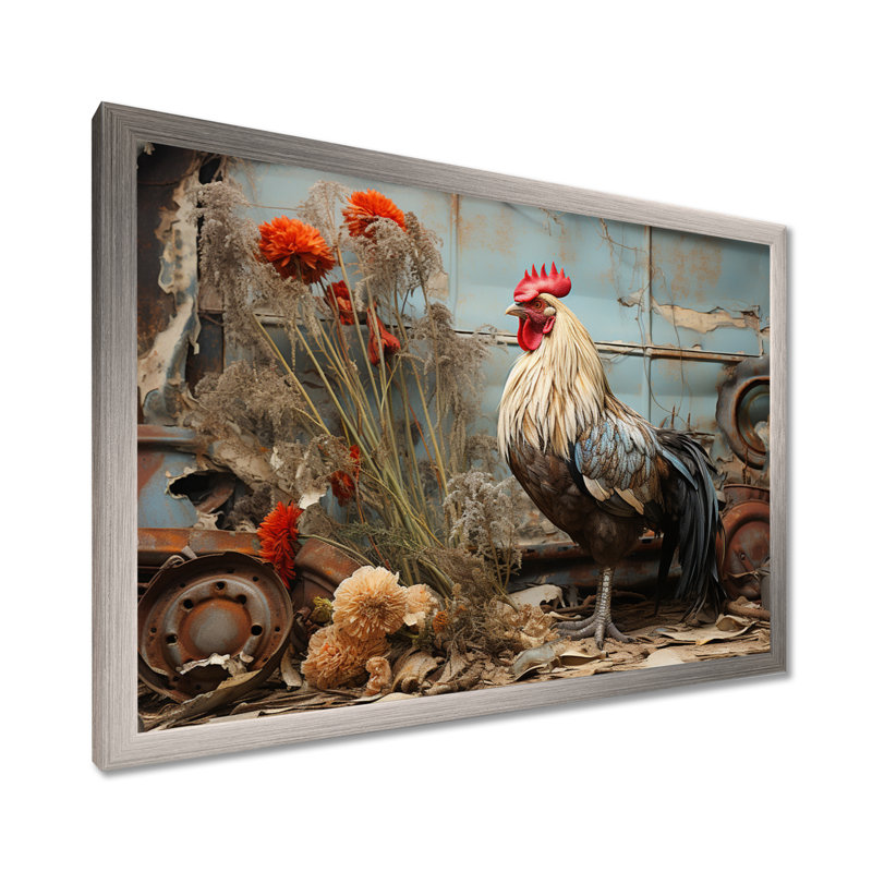 Poulet Barnyard Serenade - Reproduction d'art mural animaux, Cadre simple argenté, H 12 po x l 20 po x P 1 po