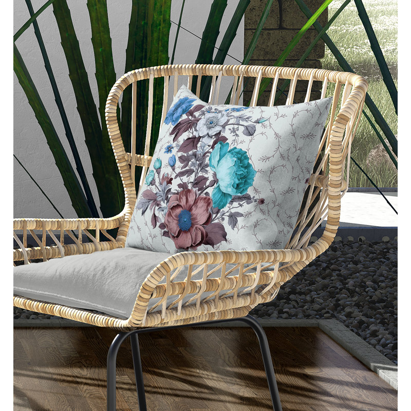 Coussin en toile fleurie, H 26 po x l 26 po, Bleu / Lavande