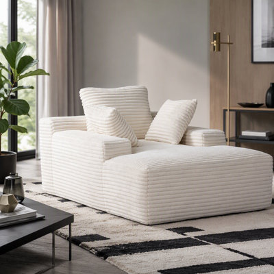 Oversized Chaise Lounge Chair Cozy Cloud Couch, Modern Plush Corduroy Upholstered Sleeper Sofa Daybed with 3 Throw Pillows and Wide Armrest for Living Room, No Assembly Required, White