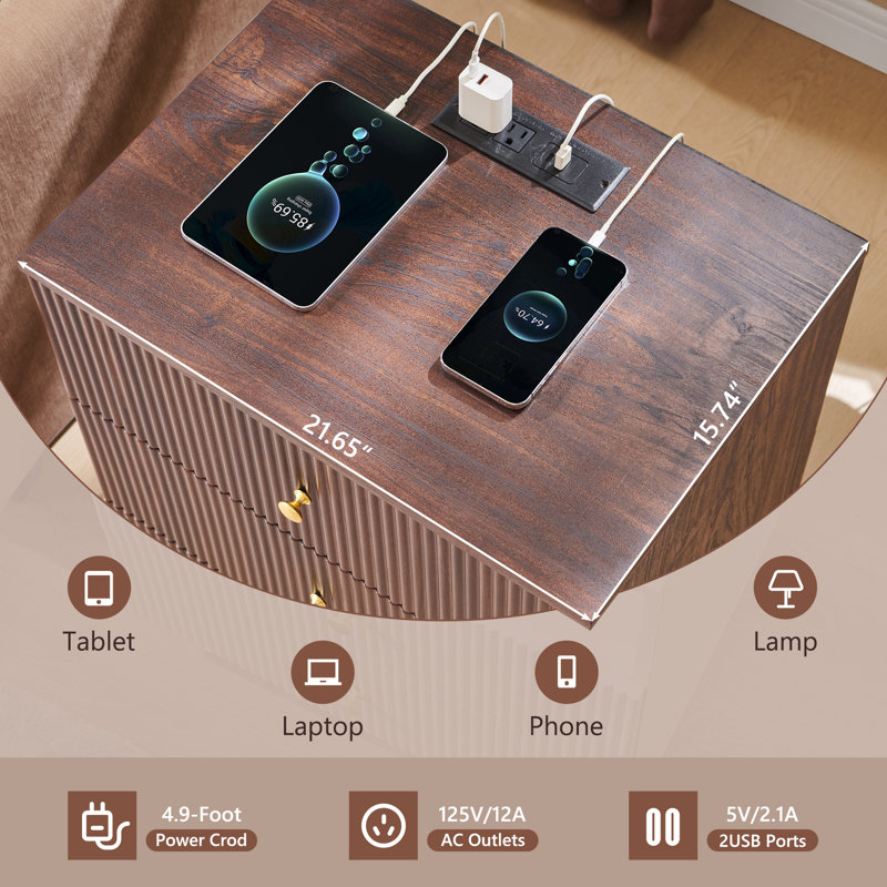 Aberdeen Modern End Table with Charging Station w/Fluted Profile Design for Living Room , Bedroom, Brown, Brown, 1, 3