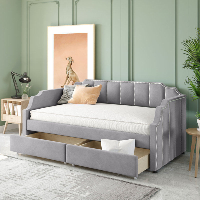 Lit de jour simple tapissier avec tiroirs, gris