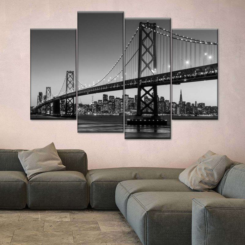 «Suspension Bridge San Francisco Bay Bridge BW», reproduction d'art sur toile 4 pièces, H 42 po x l 68 po x P 1 po