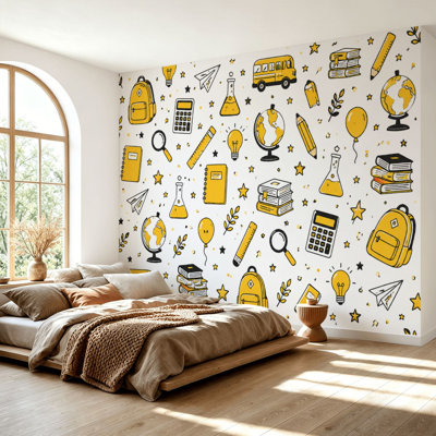 Wall Mural Peel and Stick Wallpaper School Education Doodle Backpacks Books Globes Science Icons Yellow Self-Adhesive Removable Contact Paper Wall Decor for Living Room Bedroom 69"H x 96"W