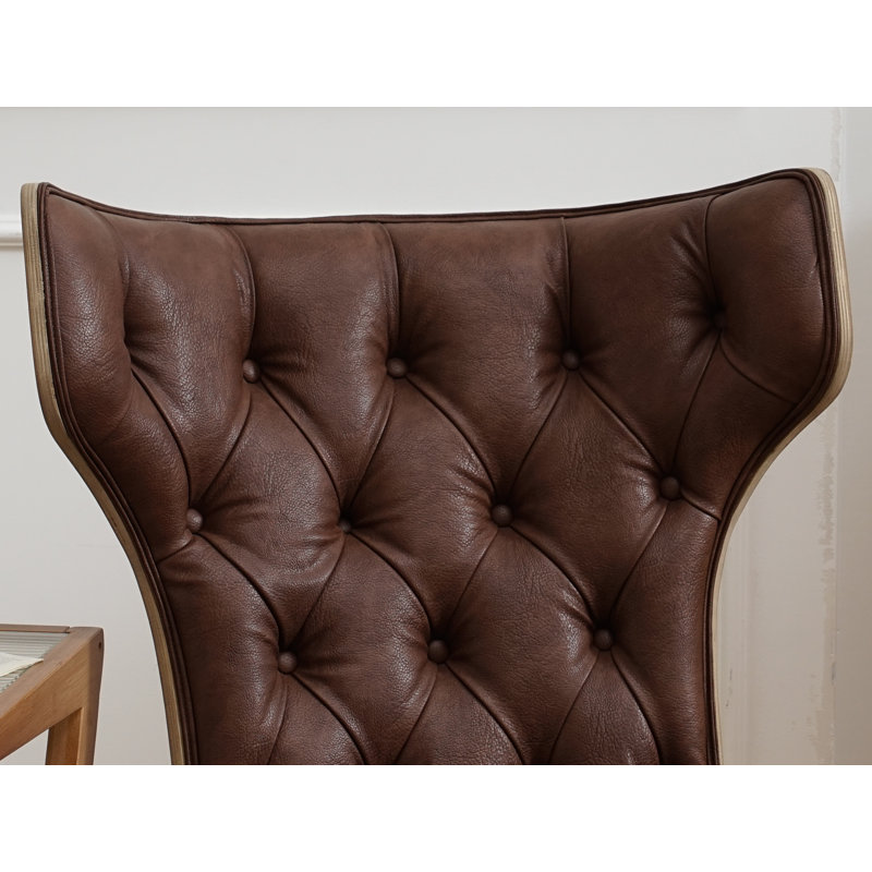 Fauteuil à oreilles et repose-pieds Jeyshan, Simili cuir brun foncé