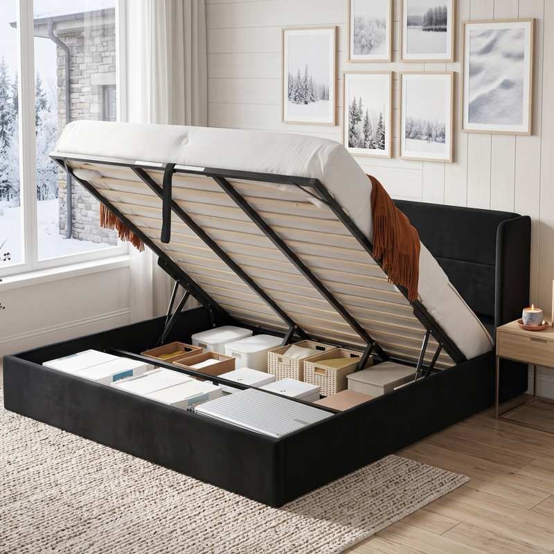 Lit plateforme tapissier avec rangement Gaillarde, Très grand, Noir