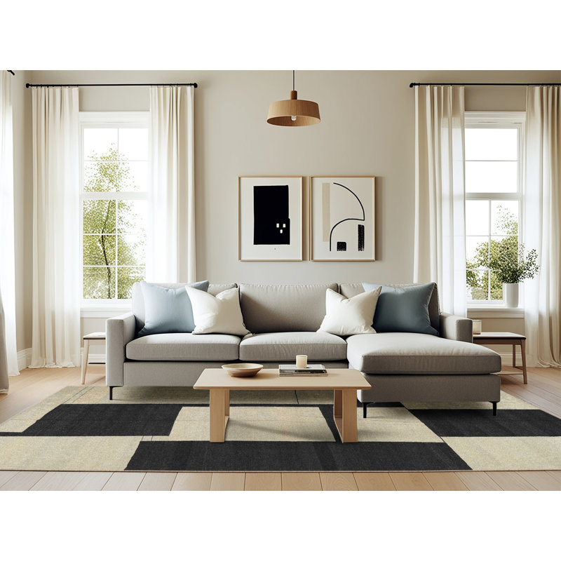 Tapis noir/beige contemporain, Rectangle 6 pi x 9 pi