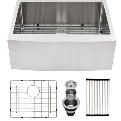 Évier de cuisine à tablier frontal en acier inoxydable 24 pouces, calibre 16 T304, guide d'eau en forme de X pour faciliter le drainage, coins arrondis R10, revêtement à garder au sec, patin en caoutchouc de 3 mm, le paquet inclut la grille à vaissel