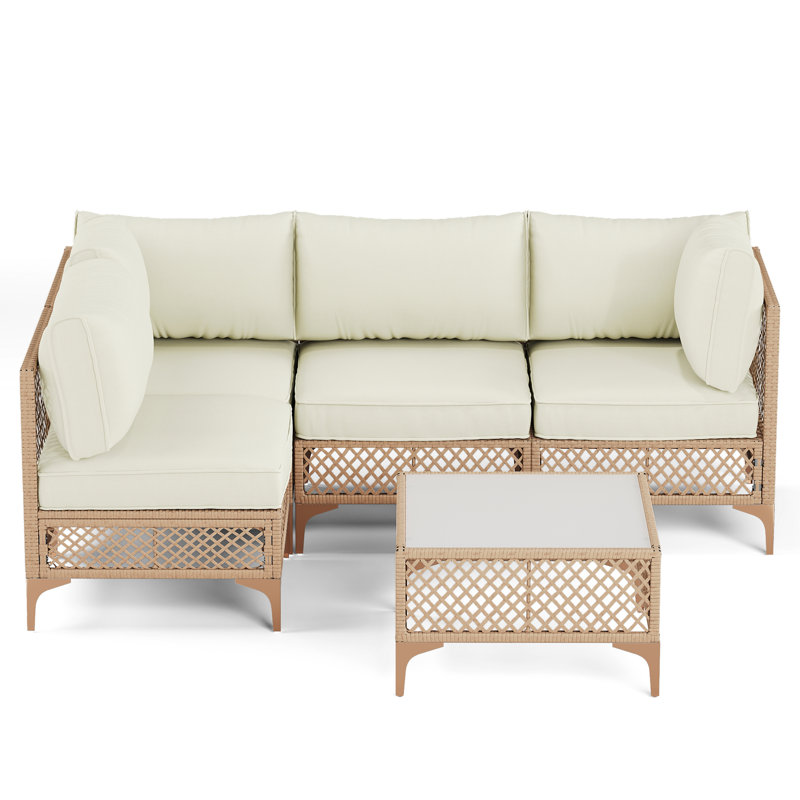 4 - Person Premium Patio Wicker Sectional Seating Group With Cushions, Beige, Brown