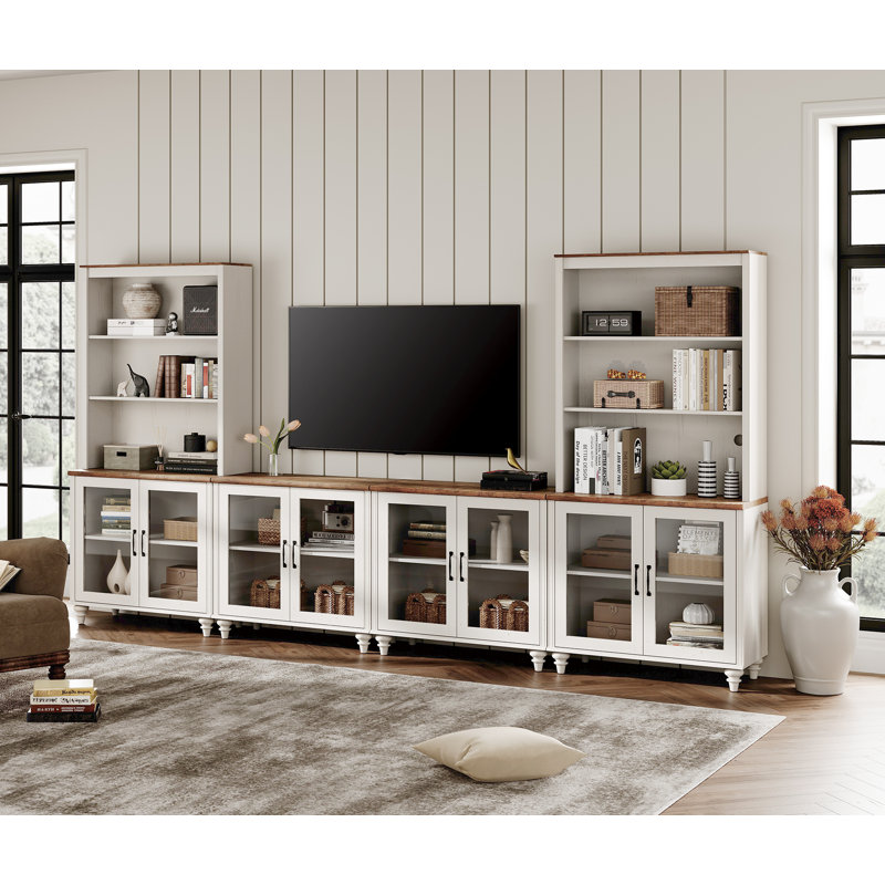 Farmhouse TV Stand With Bookshelves For, Modern Entertainment Center With Glass Doors, White TV Console For Living Room, Bedroom