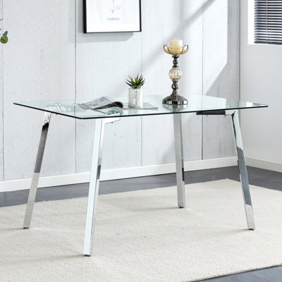 Table de salle à manger en verre moderne minimaliste pour 4 à 6 personnes avec plateau en verre trempé de 0,31 po et pieds en métal plaqué