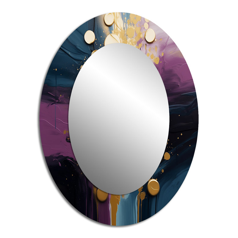 Réalités mauves et bleues sur toile III - Grand miroir mural ovale sur métal, 40 po x 30 po