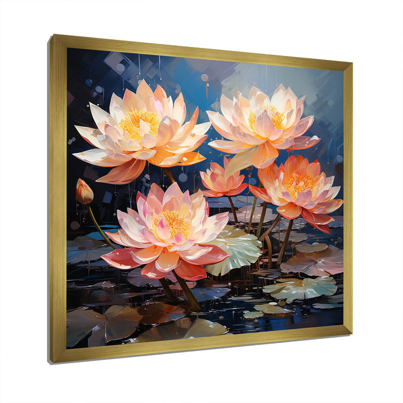 Pétales du lotus sacré sur toile, Cadre doré simple, H 30 po x l 30 po x P 1 po
