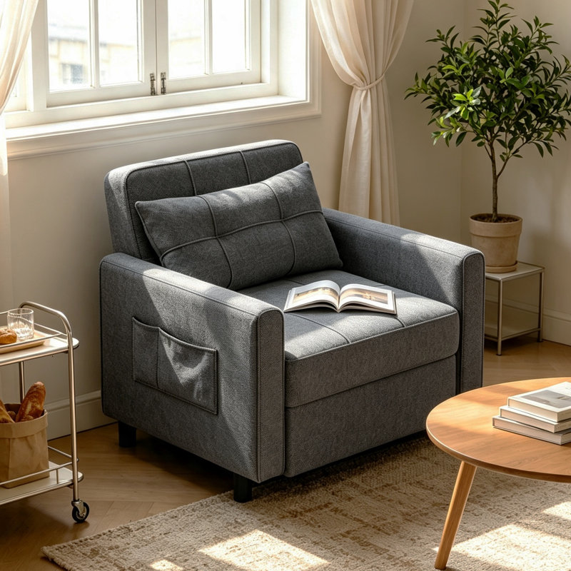 3-in-1 Convertible Pull Out Sleeper Chair, Adjustable Backrest 100°-180° Upholstered Single Sofa Bed with Side Pocket & Casters,Linen Accent Chair for Living Room Guest Room