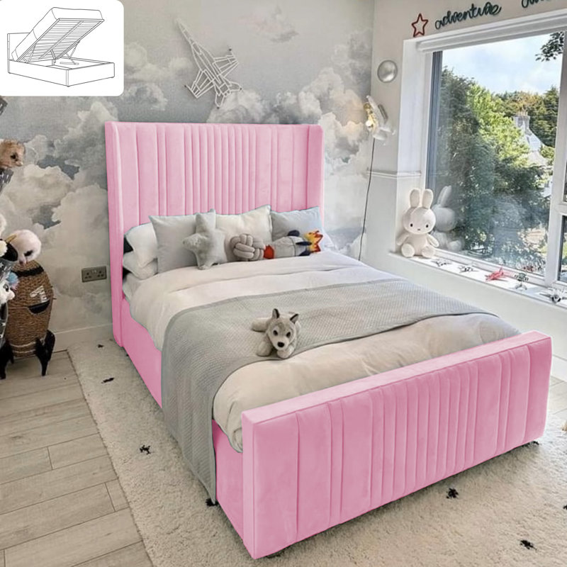 Monai Bed - Wingback Ottoman Storage with Plush Velvet Gas Lift and Headboard, Pink