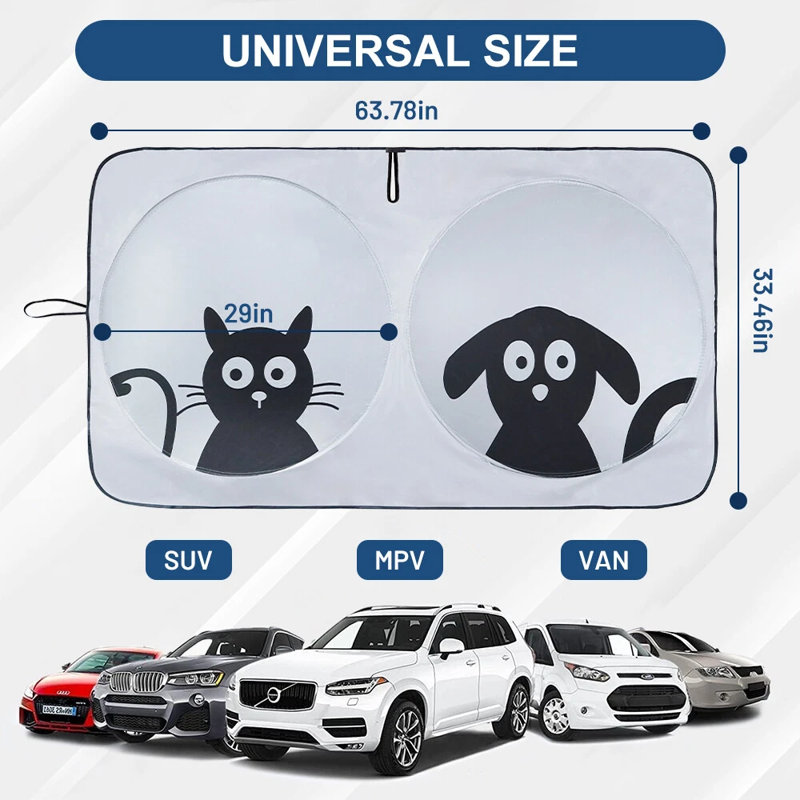 Foldable Car Windshield Sun Shade Cover Front Window Visor UV Block Protector, 63"× 33"