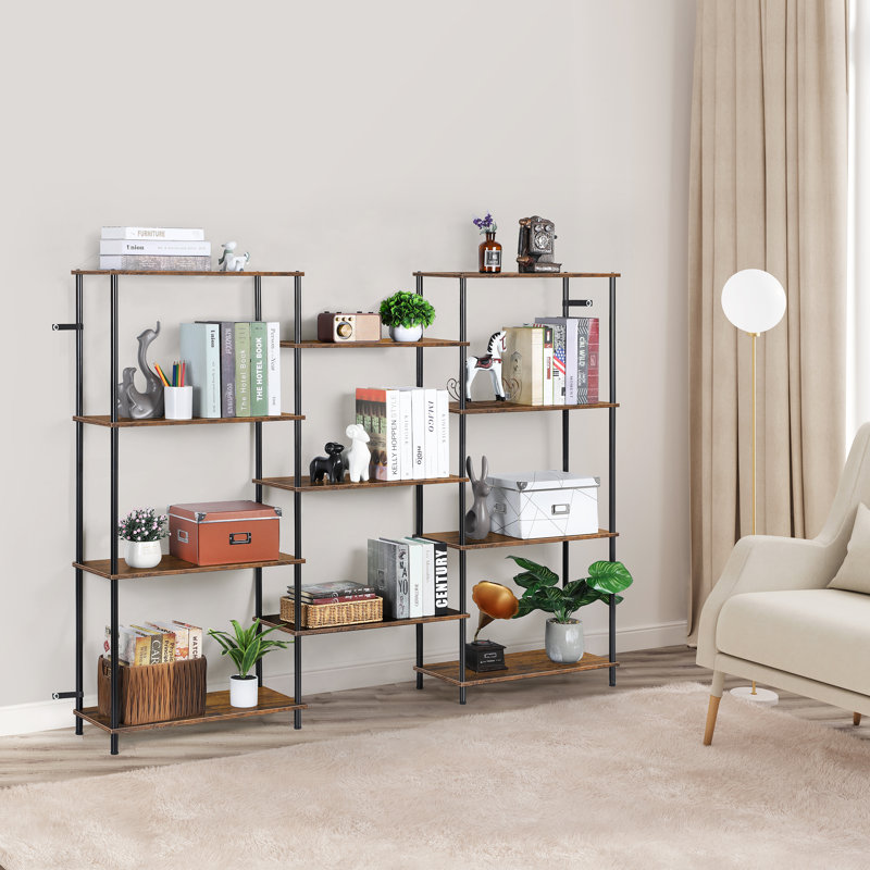 Three Rows Bookcase-4 Shelves-Black, Brun