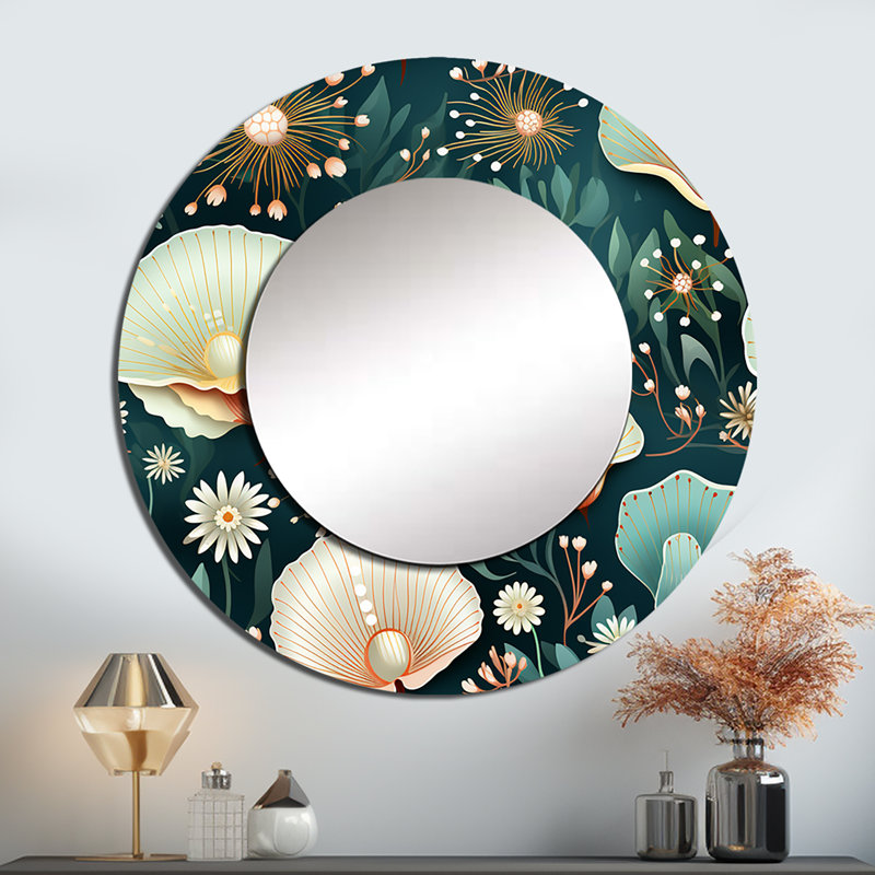 Motif côtier de coquillages côtiers - miroir décoratif bord de mer, miroir mural rond bleu, impression d'art en métal
