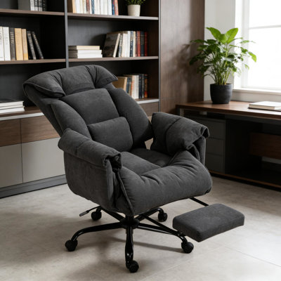Chaise de bureau avec fonction d'inclinaison, rembourrage à haute résilience, repose-pieds généreux et réglable, coussin de dossier épais et moelleux à mobilité douce, inclinable, pivotant à 360 degrés, unité centrale silencieuse, foncé