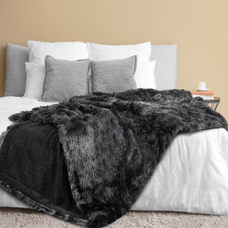 Twin Tie-Dye Black Faux Fur Sherpa Reversible Throw Blanket