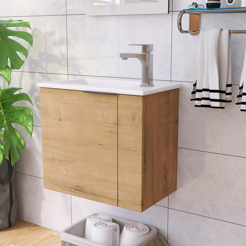 22" Wall-Mounted Single Bathroom Vanity With Ceramic Basin Sink Top, Floating Vanity with 1 Door, Imitative Oak