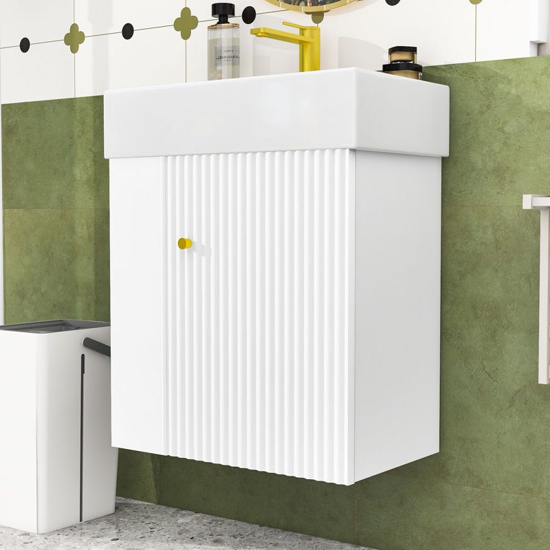 Meuble-lavabo flottant chic avec lavabo en céramique et rangement à gauche, Blanc