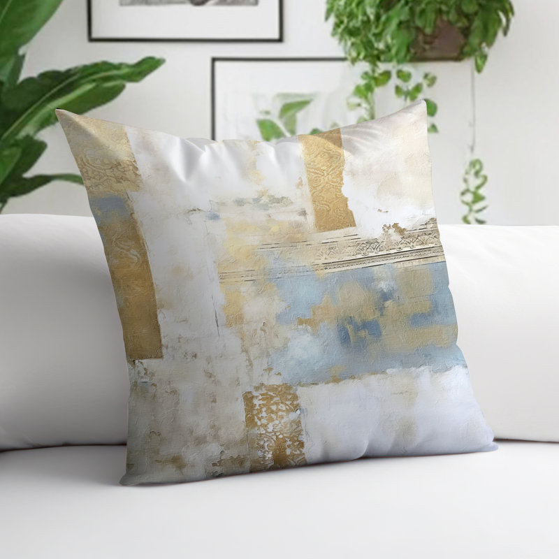 Coussin décoratif intérieur / extérieur en polyester filé abstrait Markle, Bleu/doré, H 15 po x l 15 po