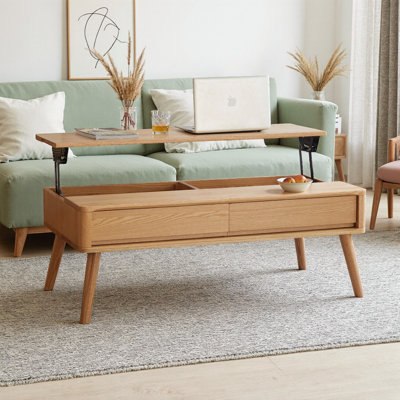 Natural Solid Oak Wood Lift-Top Coffee Table with Storage Shelf, Adjustable Height Center Table for Living Room, Home Office Desk & Dining, Triangular Modern Design, Quick Assembly