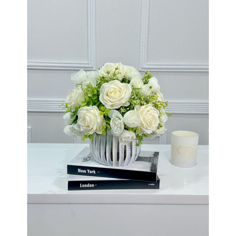 White Silk Rose Peony Centerpiece in Vase
