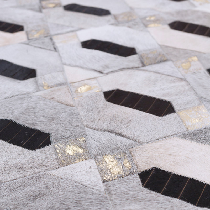 Gris peau de vache géométrique/noir/Tapis décoratif doré, Rectangle 5 pi 7 po x 7 pi 10 po