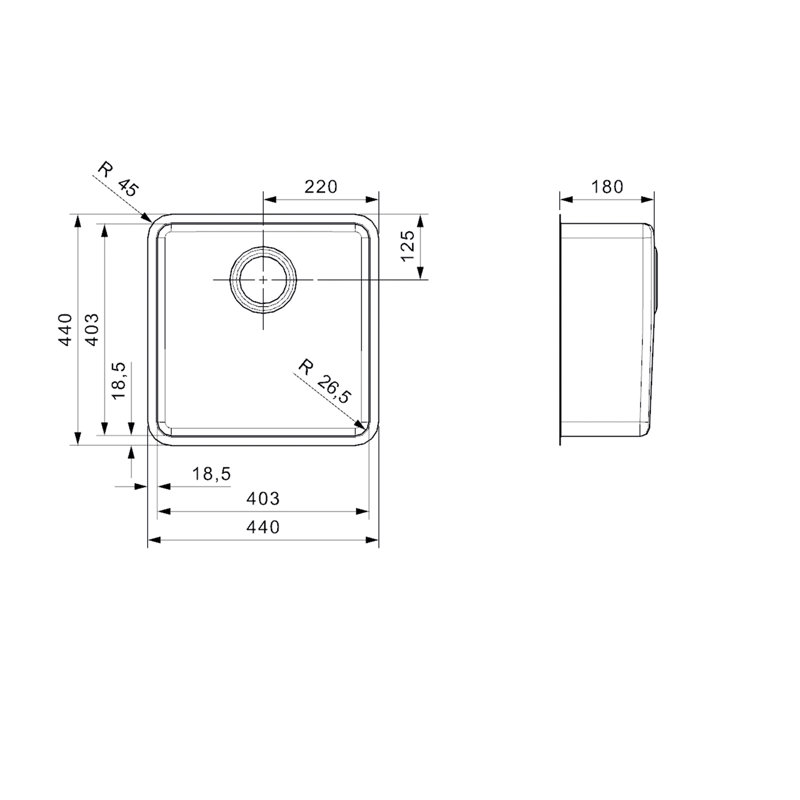 44cm x 44cm Bowl Kitchen Sink