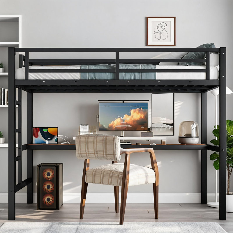 Structure de lit mezzanine double en métal robuste avec prises de courant intégrées et éclairage DEL, noir profond, peu encombrant