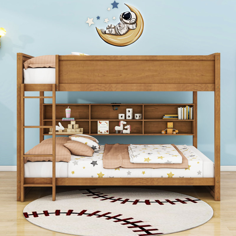 Queen Over Queen Bunk Bed With Built-In Storage Shelves And Charging Station,Ladder