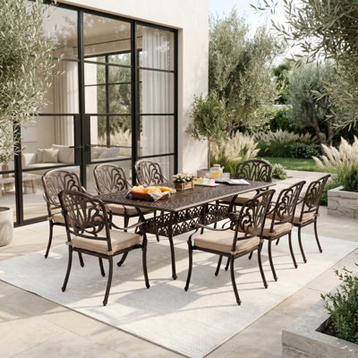 9-Piece Cast Aluminum Outdoor Table and Chairs, Classic Vintage Patio Dining Set for 8 Include 87" Rectangular Patio Dining Table and 8 Chairs with Removable Cushion and Umbrella Hole