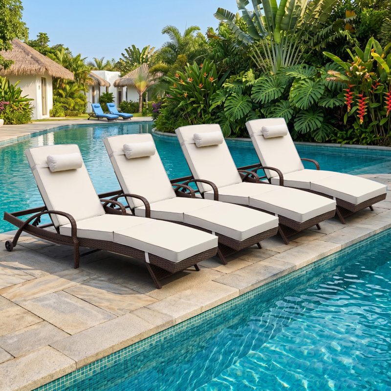 Set of 4 Outdoor Wicker Chaise Lounge with 6 Adjustable Reclining Positions,Cushion,Pillow & Wheels, Beige
