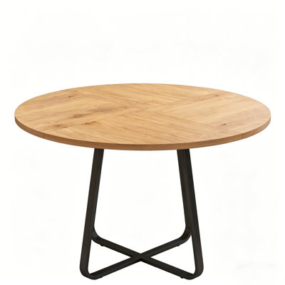 43.3 Inch Round Dining Table for 4-6 People, Light Oak MDF Tabletop with Black Metal X-Shaped Legs, Modern Kitchen Table, Easy Assembly for Dining Roo