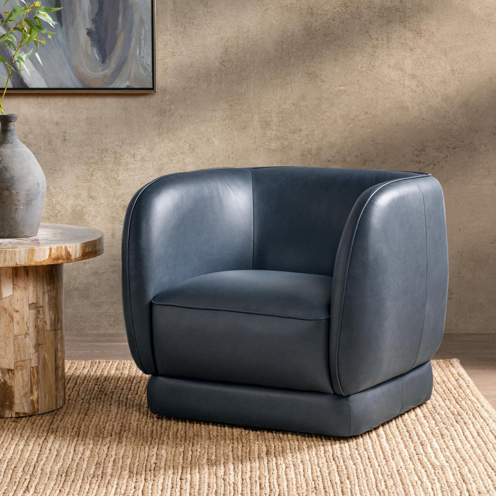 Rinner Leather Swivel Club Chair, Mystic Navy Genuine Leather