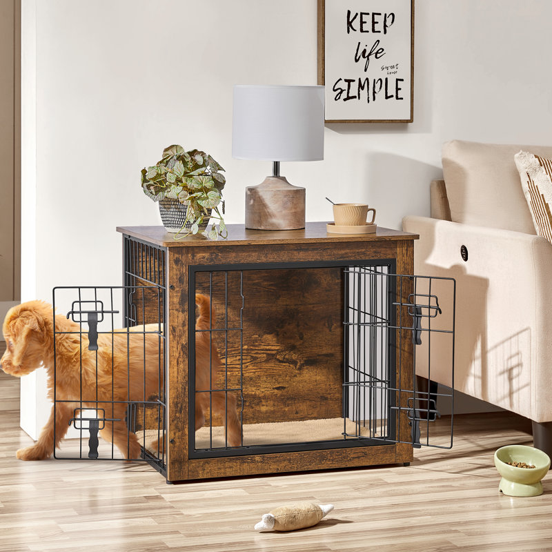 Dog Crate Furniture with 2 Doors, 61cm H x 69cm W x 51cm D, Rustic Brown/Black